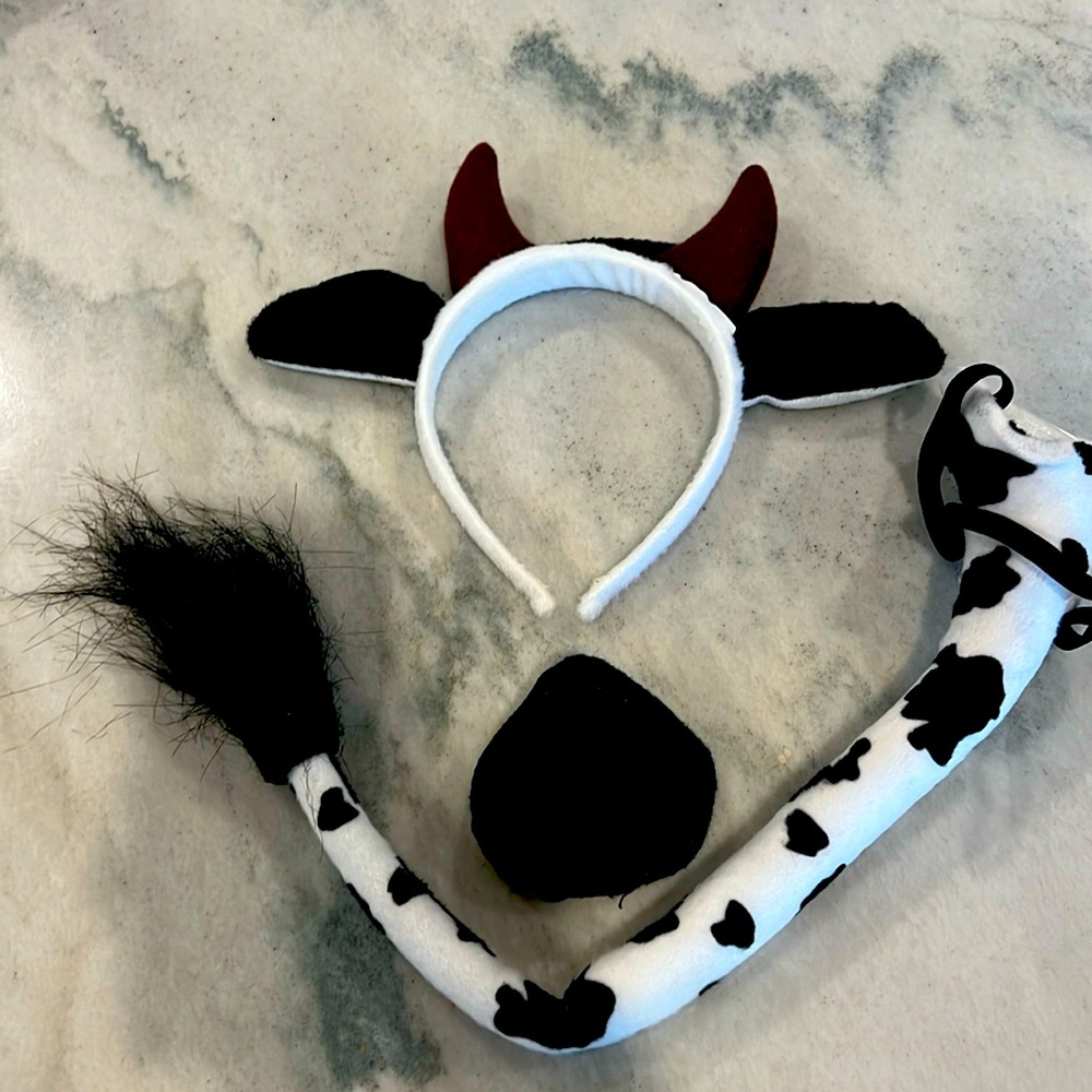 Child cow costume items. Headband, tail and nose. Worn once.